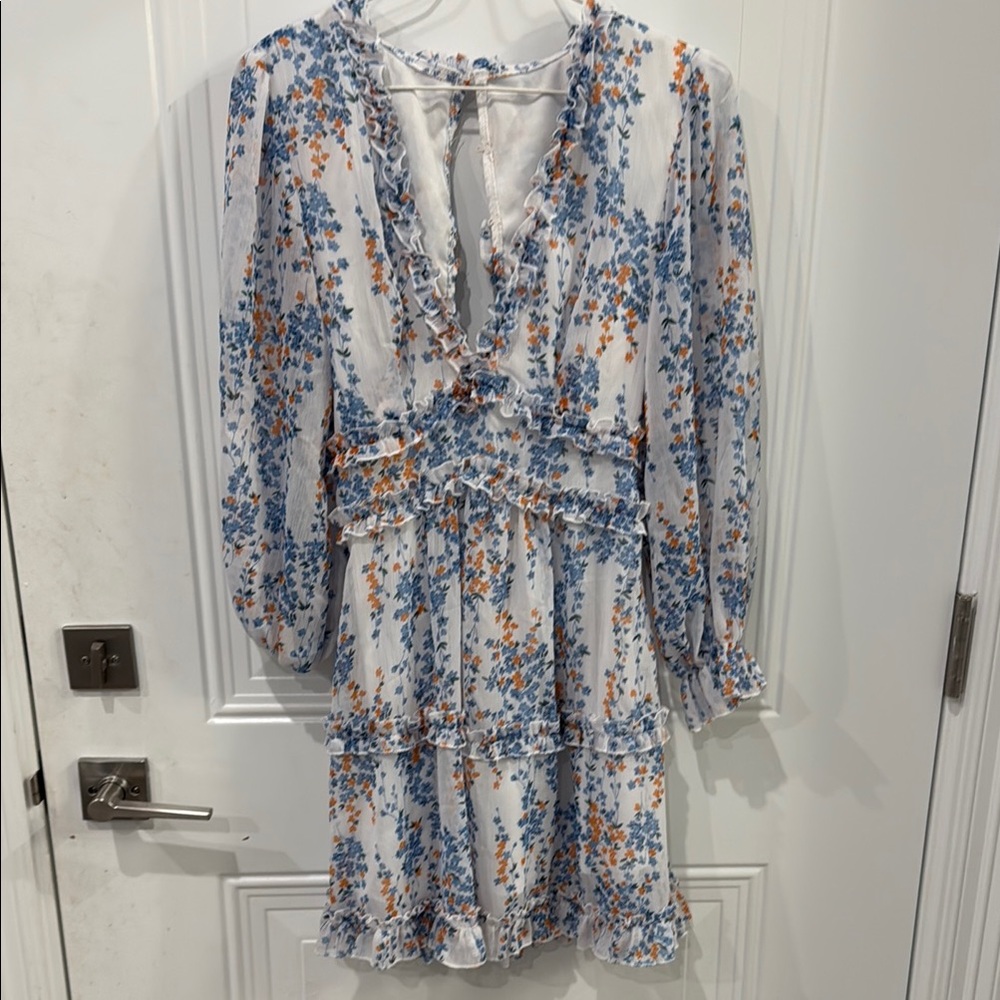 Blue and Pink Ruffled Tie Front Sundress with Bishop Sleeves